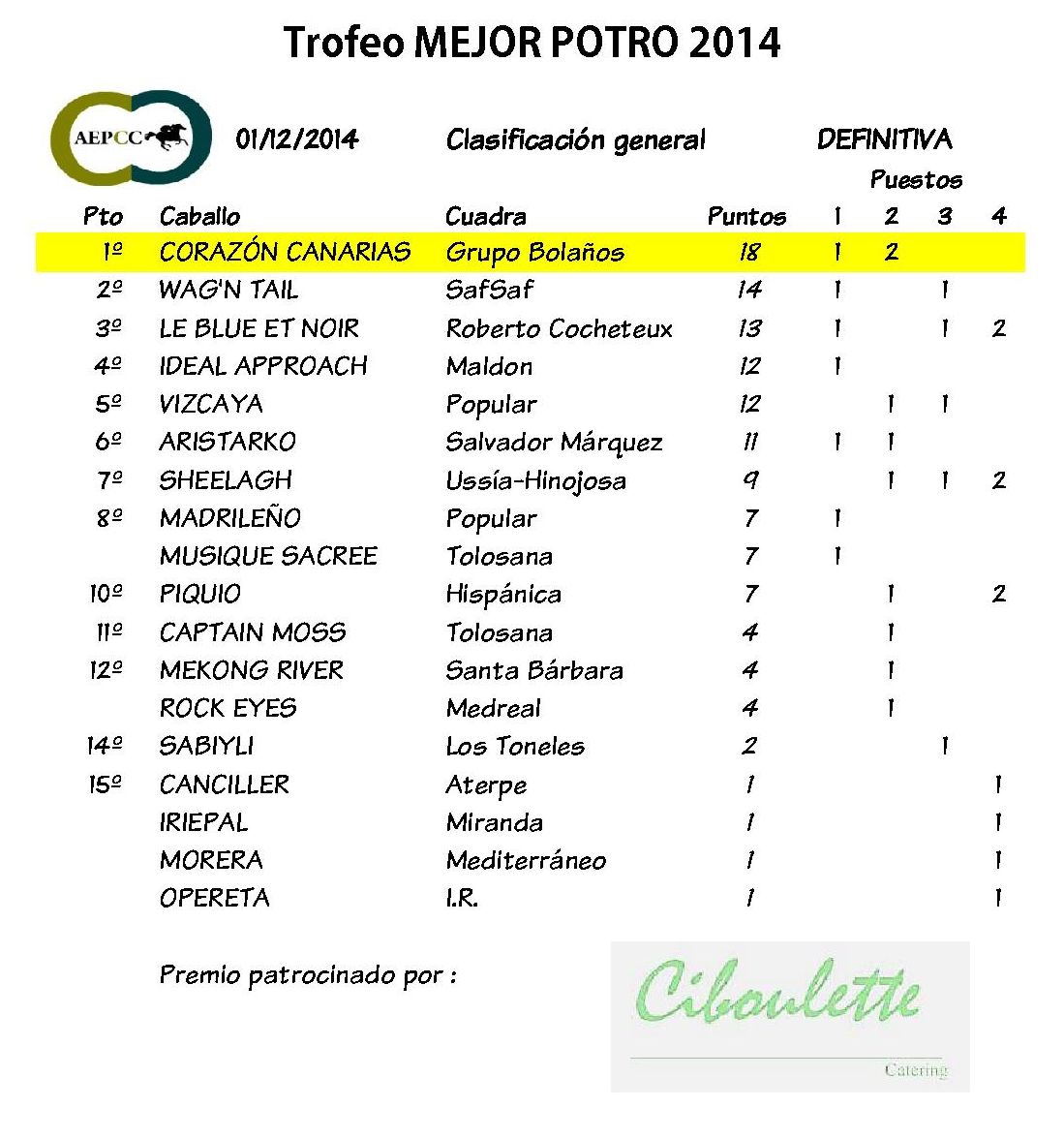 Clasificación TROFEO AEPCC 2014 2 FINAL